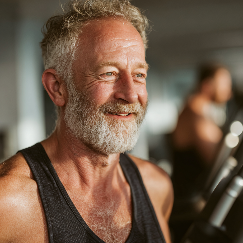 Hombre de 55 años sonriendo después de completar su rutina de ejercicios en relgatosh, mostrando energía y vitalidad