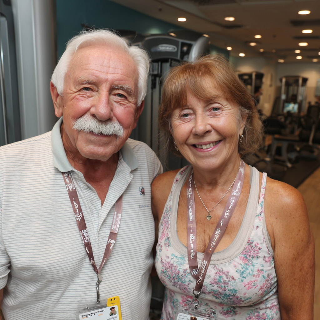 Pareja de adultos de 60 años celebrando sus logros fitness en relgatosh, sonriendo y mostrando satisfacción con sus resultados