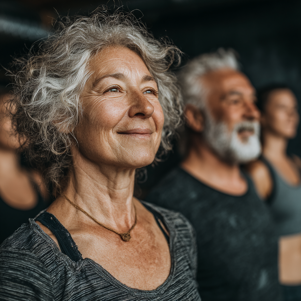 Grupo de adultos de 50-60 años disfrutando de una clase grupal de ejercicios en relgatosh, mostrando compañerismo y bienestar